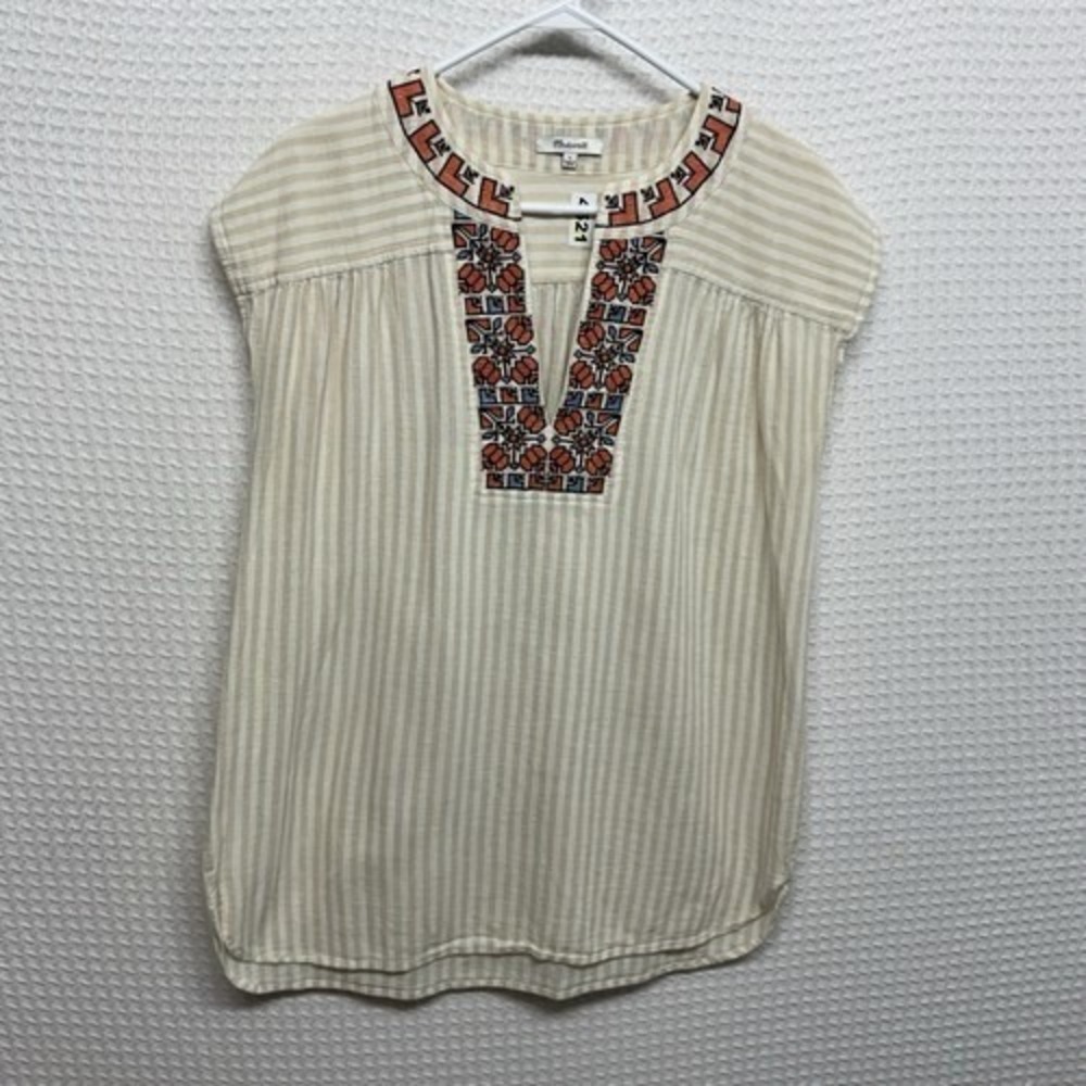Madewell Cream Embroidery Tribal Sleeveless Y-Neck Tunic Blouse Women L China - Picture 4 of 5